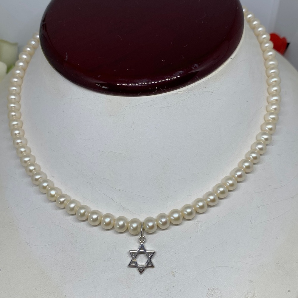 6 mm A grade near round cultured freshwater pearl with  Star of David charm n…